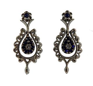 14K Gold Diamond Blue Stone Drop Earrings