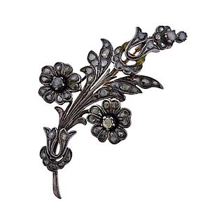 Antique 18K Gold Silver Rose Cut Diamond Flower Brooch Pin