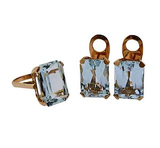 Retro 18K Gold Aquamarine Earrings Ring Set