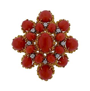 1960s 18K Gold Diamond Coral Brooch Pin