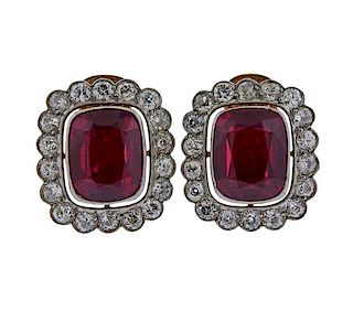 Antique 18K Gold Platinum Diamond Red Stone Earrings