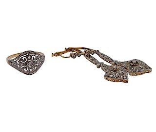 Antique 18K Gold Platinum Diamond Earrings Ring Set