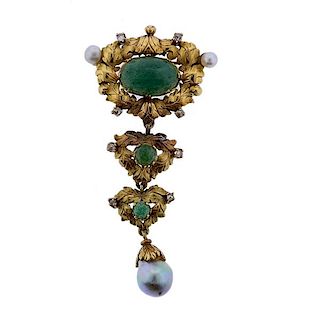 Antique 18K Gold Diamond Green Stone Pearl Brooch Pendant