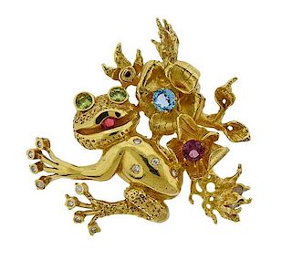 Murat 18K Gold Diamond Multi Color Stone Frog Flower Brooch Pendant