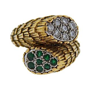 1970s 18K Gold Diamond Green Stone Bypass Ring
