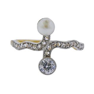 Antique 18K Gold Diamond Pearl Bypass Ring