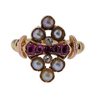 Antique 14K Gold Pearl Diamond Red Stone Ring