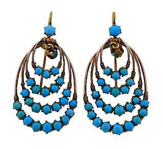 French 18K Gold Turquoise Oval Earrings
