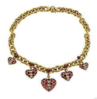 18k Gold Diamond Enamel Heart Charm Necklace 