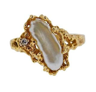 1970s 14k Gold Pearl Diamond Free Form Ring 
