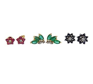 14k Gold Diamond Emerald Sapphire Ruby Earrings lot 3pc