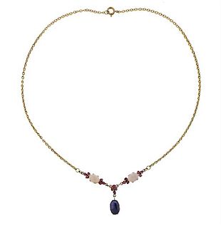14K Gold Opal Sapphire Pink Stone Drop Pendant Necklace