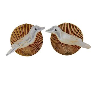 Mid Century 14k Gold MOP Bird Earrings 