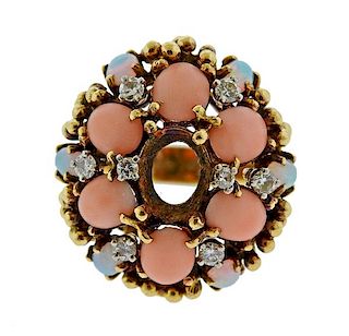 14k Gold  Diamond Opal Coral Ring 