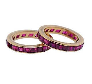 14K Gold Red Stone Band Ring Lot of 2