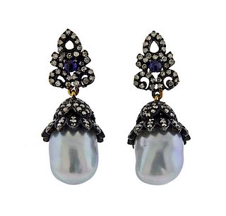 14k Gold Oxidized Silver Pearl Diamond Earrings 