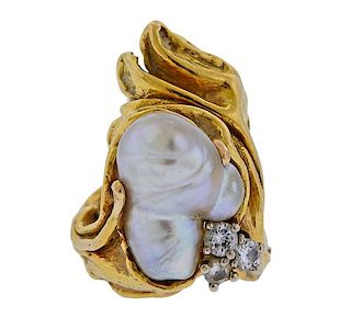 1970s 18K Gold Diamond Pearl Free Form Ring