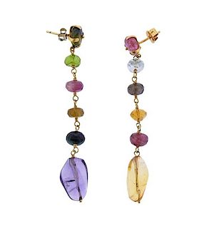 18k Gold Multi Color Gemstone Drop Earrings 