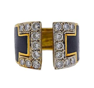 18K Gold Diamond Enamel Wide Open Band Ring