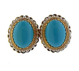 14K Gold Blue Stone Pearl Oval Earrings