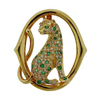 14k Gold Diamond Emerald Panther Brooch Pendant