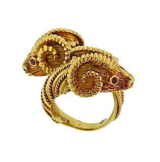 18K Gold Red Stone Ram&#39;s Head Bypass Ring