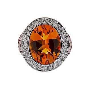 18k Gold Diamond Citrine Gemstone Ring 