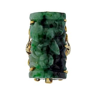 14K Gold Carved Jade  Ring