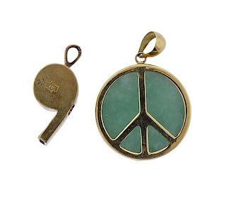 14K Gold Jade Peace Whistle Pendant Lot of 2