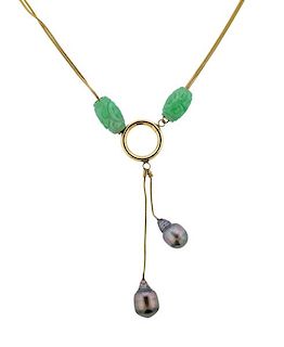 14k Gold Pearl Carved Jade Necklace 