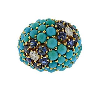 18K Gold Diamond Turquoise Sapphire Dome Ring