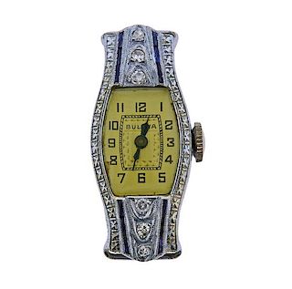 Art Deco Bulova Platinum 14K Gold Diamond Blue Stone Watch