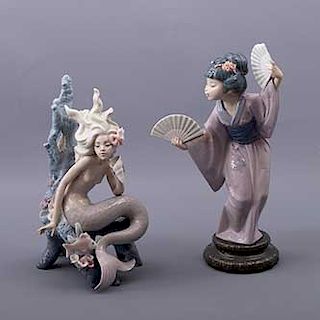 Geisha y sirena. España. Siglo XX. Elaboradas en porcelana Lladró. Acabado brillante.