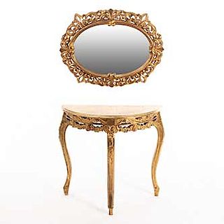 Mesa consola con espejo. Siglo XX. Estilo Luis XV. En talla de madera dorada. Espejo con luna oval y consola con cubierta semicircular.