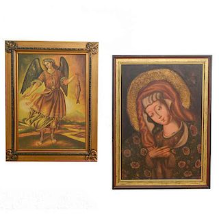 Lote de 2 obras pictóricas. Anónimos. Virgen y Arcángel Óleos sobre tela. Enmarcados en madera dorada.