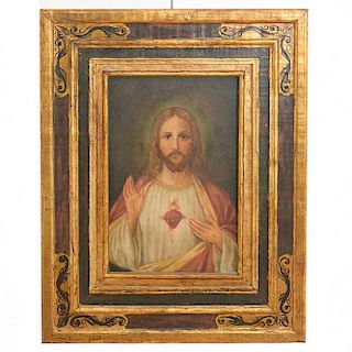 Anónimo. Sagrado corazón de Jesús. Óleo sobre tela. Enmarcado en madera dorada decorada con elementos orgánicos.