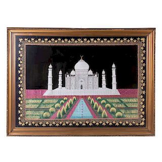 Anónimo. "Taj Mahal". Bordado en fibras de algódon. Enmarcado en madera dorada.