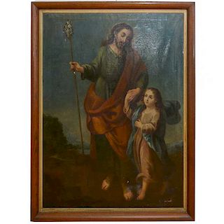 Anónimo. San José y el niño Jesús. Óleo sobre tela. Enmarcado en madera talla.