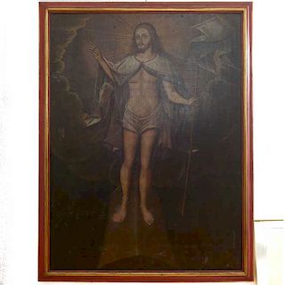 Anónimo. Cristo resucitado. Óleo sobre tela. Enmarcado en madera talla con detalles en esmalte dorado.