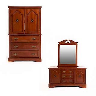 Lote de 2 muebles: Siglo XX. En talla de madera. Consta de tocador con espejo y mueble para televisión.