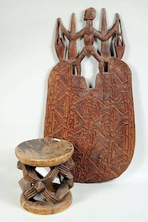 Indonesian Carved Wood Shield & African Stool