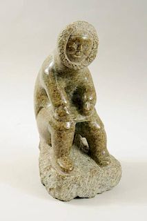 Large Inuit Green Stone Carving of Seated Man