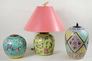 Three Chinese Enameled Porcelain Jars, One As Lamp