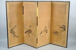 Japanese Four Panel Painted Screen