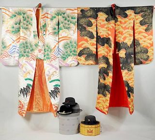 Two Vintage Japanese Wedding Kimonos/Mens Hats