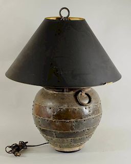 Large Riveted Metal Urn w/Ring Handles Now As Lamp