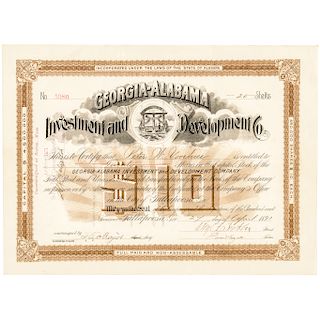 BENJAMIN FRANKLIN (BEAST) BUTLER Signed Georgia-Alabama Stock Certificate 1891