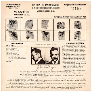 March 1934 JOHN DILLINGER Official Fingerprint Classification and Wanted Poster