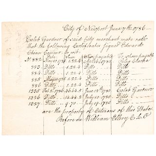 1786 WILLIAM ELLERY Signed Continental Congress Loan Office Certificate of Oath