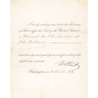 ULYSSES S. GRANT 1876 Signed Presidential Warrant for a Pardon at Washington